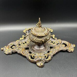 Vintage Ornate Cast Metal Bronze Gold Inkwell Desk Den Home Decor Victorian